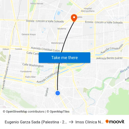Eugenio Garza Sada (Palestina - 2 de Abril) to Imss Clinica No. 15 map