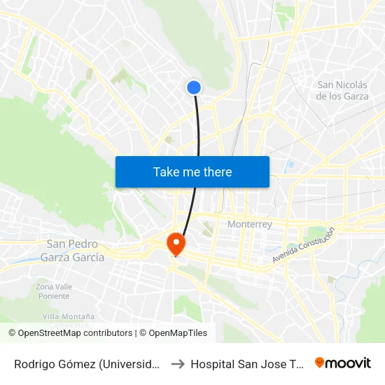 Rodrigo Gómez (Universidad Emiliano Zapata) to Hospital San Jose Tec de Monterrey map