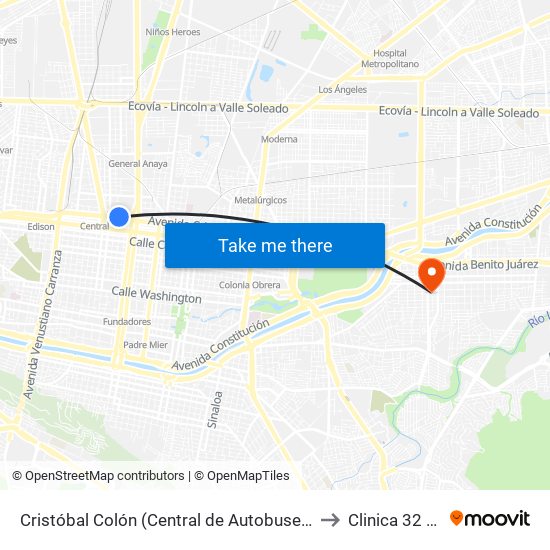 Cristóbal Colón (Central de Autobuses de Monterrey) to Clinica 32 (Imss) map