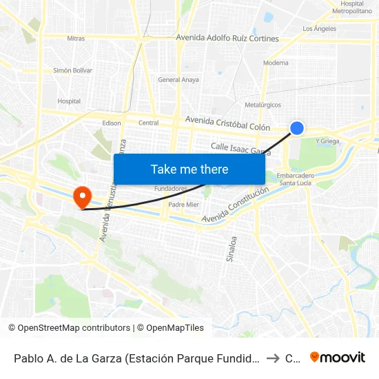 Pablo A. de La Garza (Estación Parque Fundidora) to Ceu map