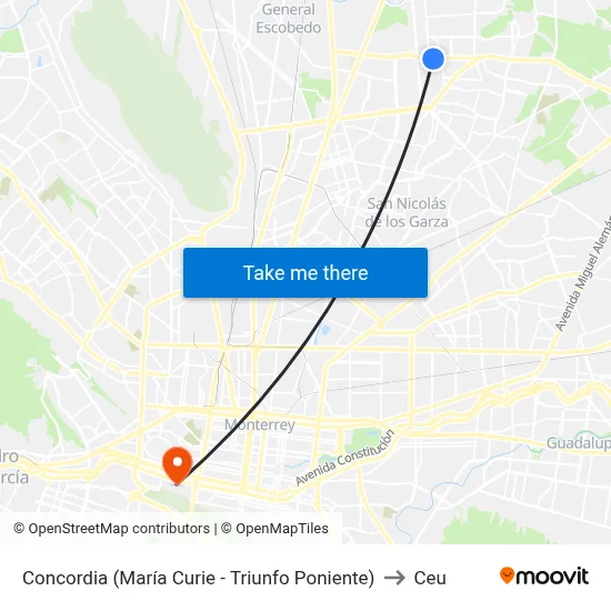 Concordia (María Curie - Triunfo Poniente) to Ceu map