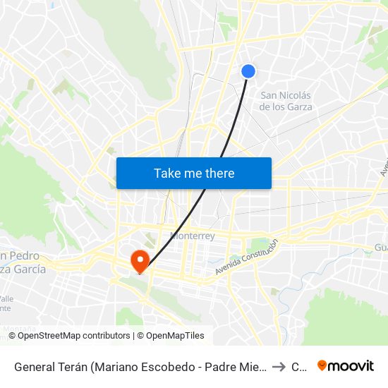 General Terán (Mariano Escobedo - Padre Mier) to Ceu map