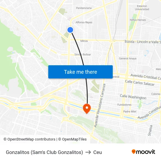 Gonzalitos (Sam's Club Gonzalitos) to Ceu map