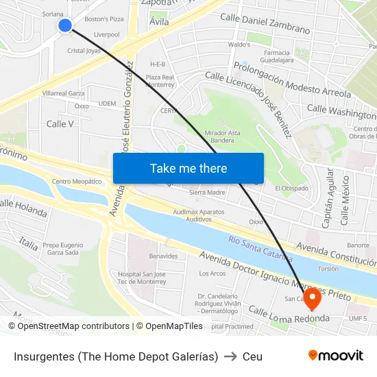 Insurgentes (The Home Depot Galerías) to Ceu map