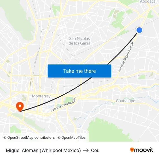Miguel Alemán (Whirlpool México) to Ceu map