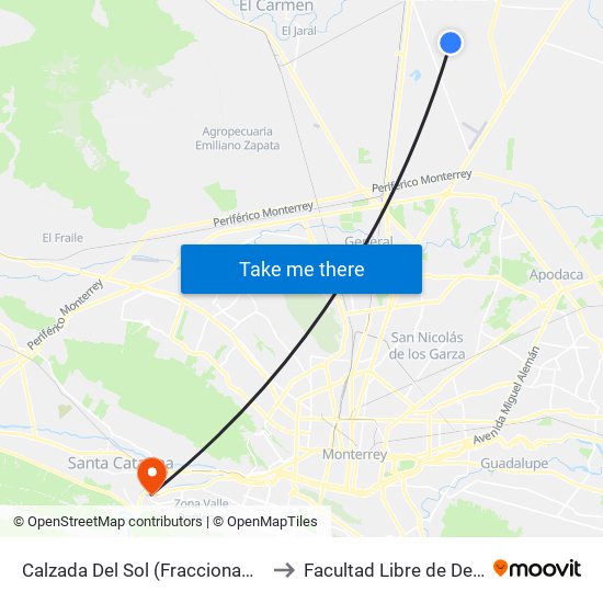 Calzada Del Sol (Fraccionamiento Pilares La Puerta 1) to Facultad Libre de Derecho de Monterrey map