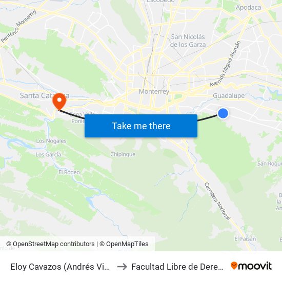 Eloy Cavazos (Andrés Viesca - 13 de Mayo) to Facultad Libre de Derecho de Monterrey map