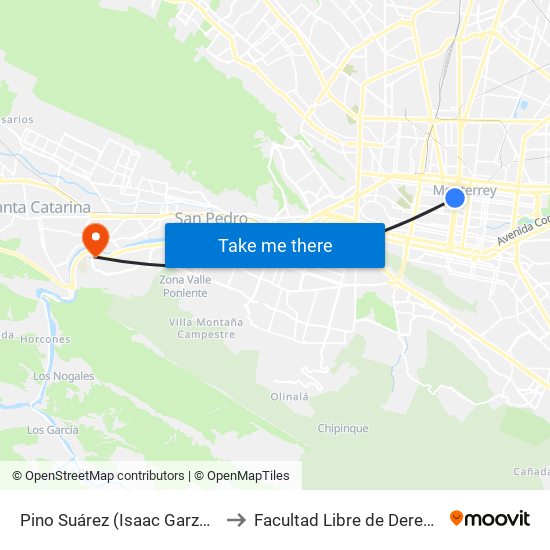Pino Suárez (Isaac Garza - Santiago Tapia) to Facultad Libre de Derecho de Monterrey map