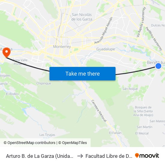 Arturo B. de La Garza (Unidad de Medicina Familiar No. 20) to Facultad Libre de Derecho de Monterrey map