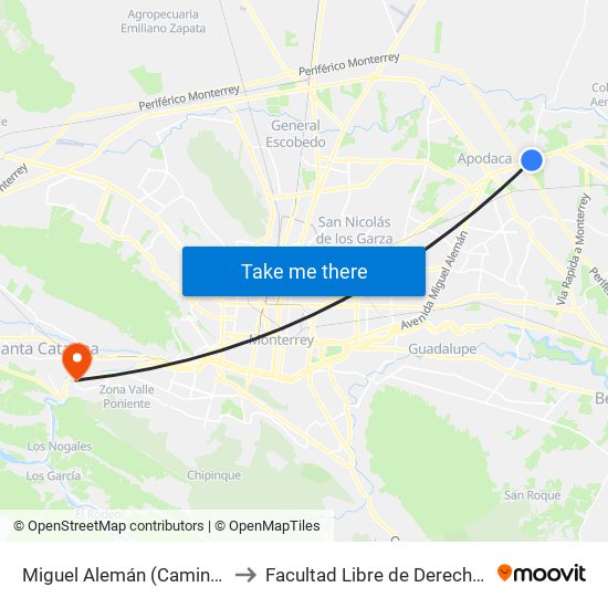 Miguel Alemán (Camino A Agua Fría) to Facultad Libre de Derecho de Monterrey map