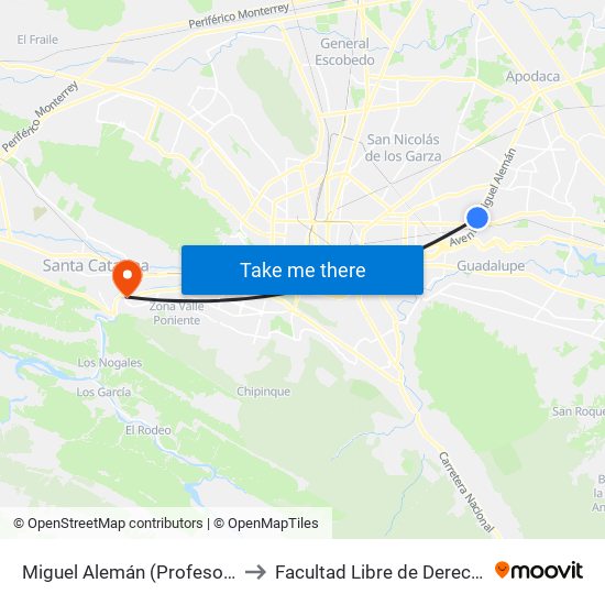 Miguel Alemán (Profesora María Valdez) to Facultad Libre de Derecho de Monterrey map