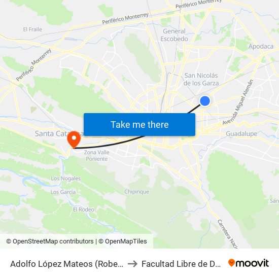 Adolfo López Mateos (Roberto Garza Sada - Lagrange) to Facultad Libre de Derecho de Monterrey map