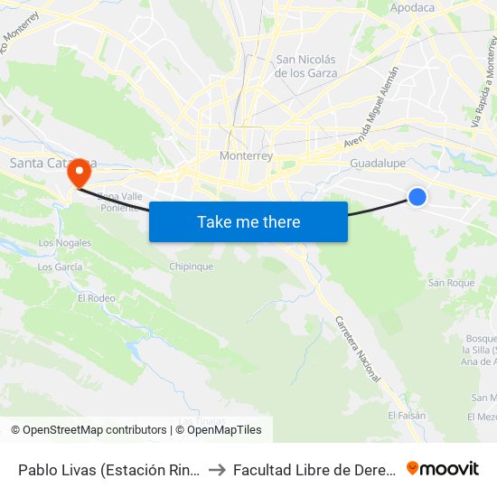 Pablo Livas (Estación Rincón de Guadalupe) to Facultad Libre de Derecho de Monterrey map