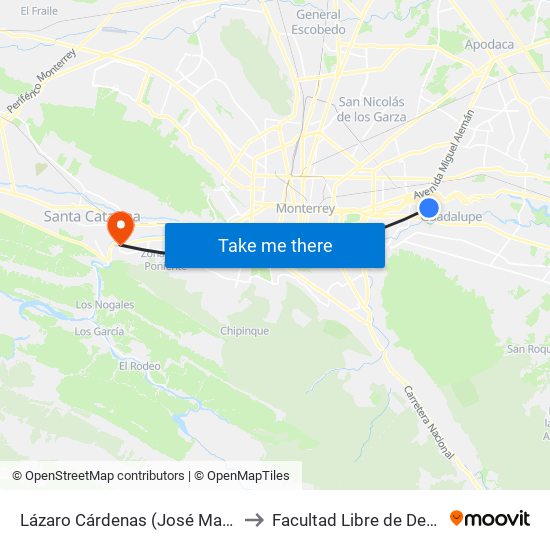 Lázaro Cárdenas (José María Zaragoza - Chinacos) to Facultad Libre de Derecho de Monterrey map