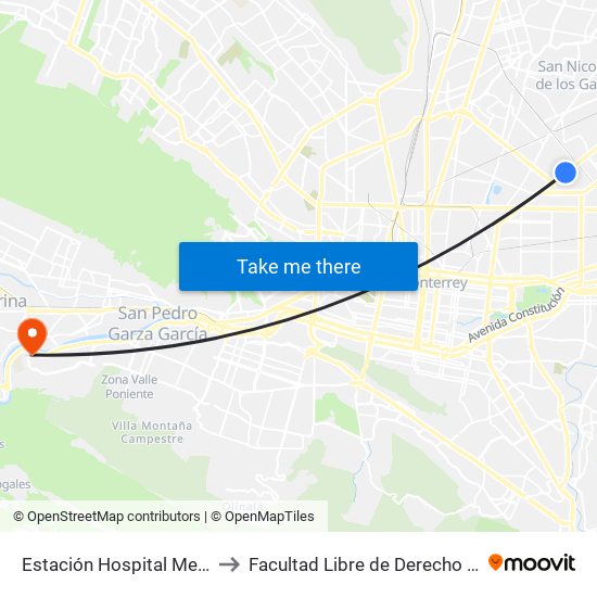 Estación Hospital Metropolitano to Facultad Libre de Derecho de Monterrey map