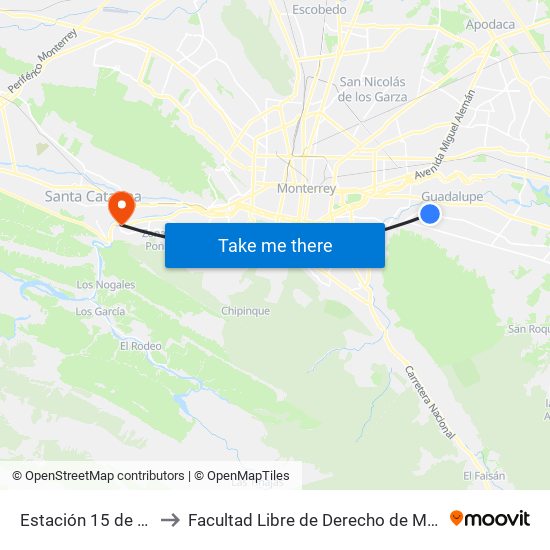 Estación 15 de Mayo to Facultad Libre de Derecho de Monterrey map