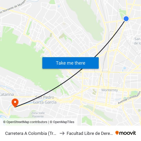 Carretera A Colombia (Transmetro Miravista) to Facultad Libre de Derecho de Monterrey map