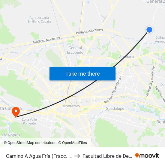 Camino A Agua Fría (Fracc. Mirador de Apodaca Sur) to Facultad Libre de Derecho de Monterrey map