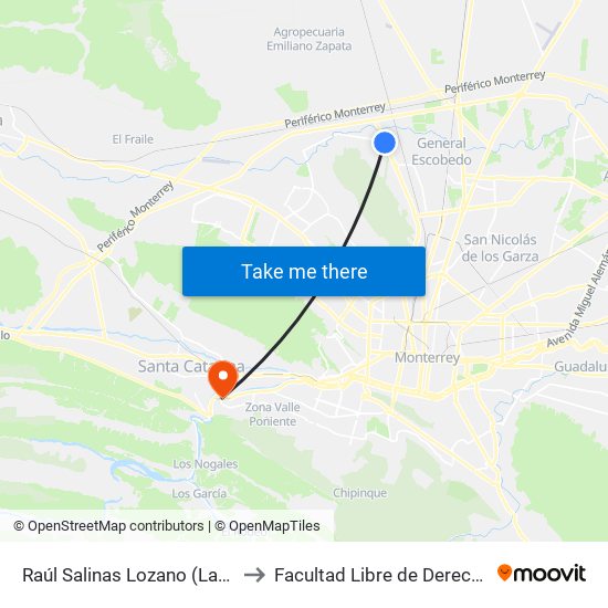 Raúl Salinas Lozano (Las Torres - Unión) to Facultad Libre de Derecho de Monterrey map
