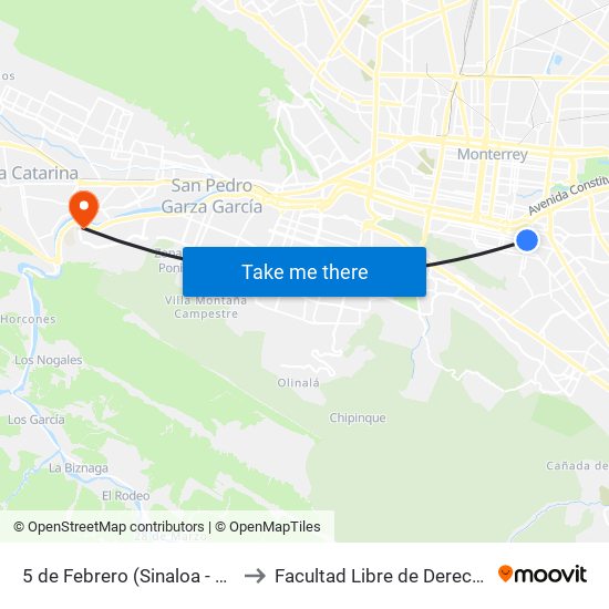 5 de Febrero (Sinaloa - Hilario Martínez) to Facultad Libre de Derecho de Monterrey map