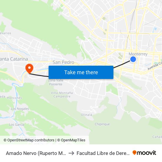 Amado Nervo (Ruperto Martínez - Aramberri) to Facultad Libre de Derecho de Monterrey map