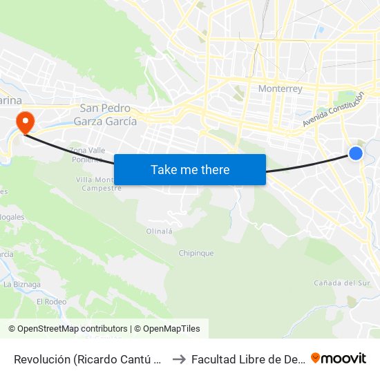 Revolución (Ricardo Cantú Leal - Ricardo Covarrubias) to Facultad Libre de Derecho de Monterrey map