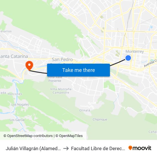 Julián Villagrán (Alameda de Monterrey) to Facultad Libre de Derecho de Monterrey map