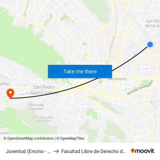 Juventud (Encino - Rubens) to Facultad Libre de Derecho de Monterrey map