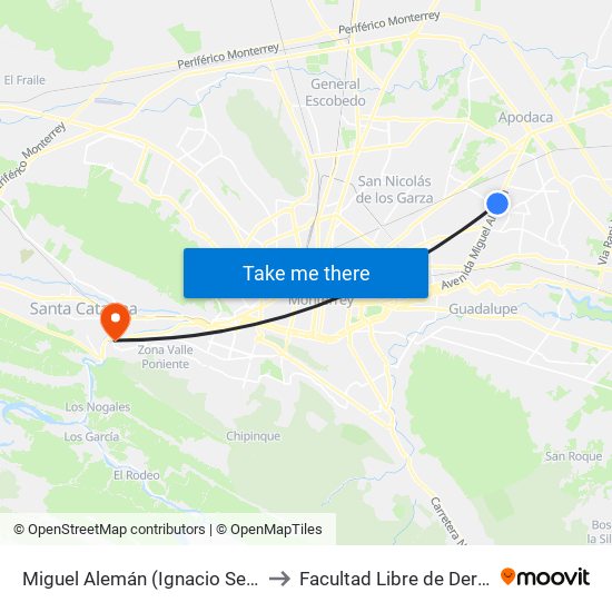 Miguel Alemán (Ignacio Sepúlveda - Encarnación) to Facultad Libre de Derecho de Monterrey map