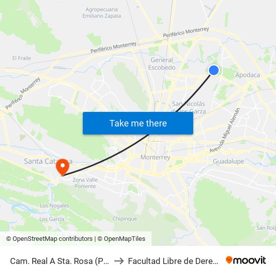 Cam. Real A Sta. Rosa (Pinabete - Castaño) to Facultad Libre de Derecho de Monterrey map