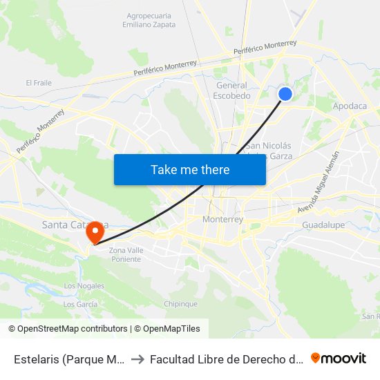Estelaris (Parque Metroplex) to Facultad Libre de Derecho de Monterrey map