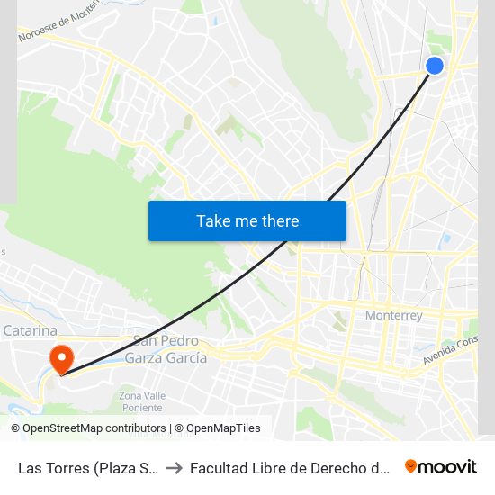 Las Torres (Plaza Sendero) to Facultad Libre de Derecho de Monterrey map