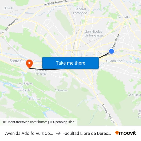 Avenida Adolfo Ruiz Cortines Poniente to Facultad Libre de Derecho de Monterrey map