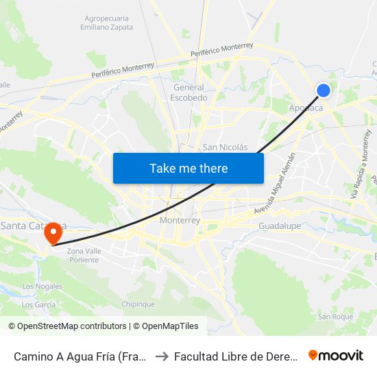 Camino A Agua Fría (Fracc. Triana Palmas) to Facultad Libre de Derecho de Monterrey map