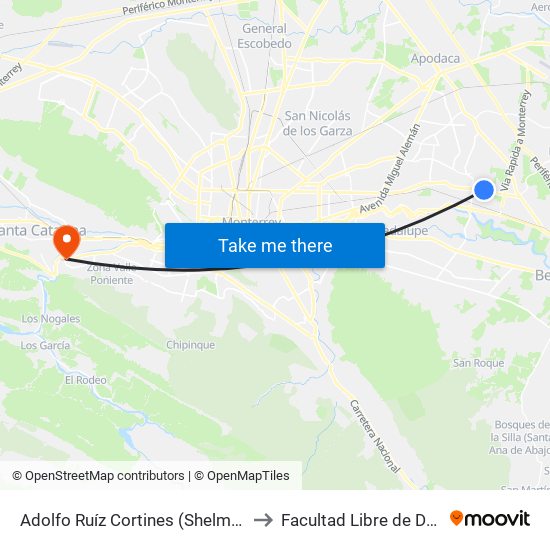 Adolfo Ruíz Cortines (Shelmex Manufacturing Solutions) to Facultad Libre de Derecho de Monterrey map