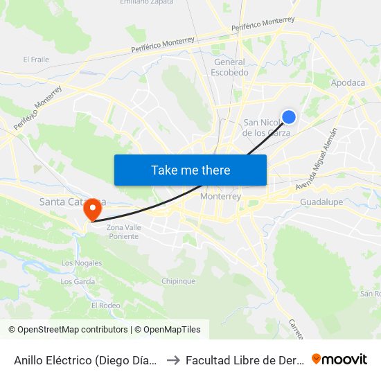 Anillo Eléctrico (Diego Díaz de Berlanga - Aceros) to Facultad Libre de Derecho de Monterrey map
