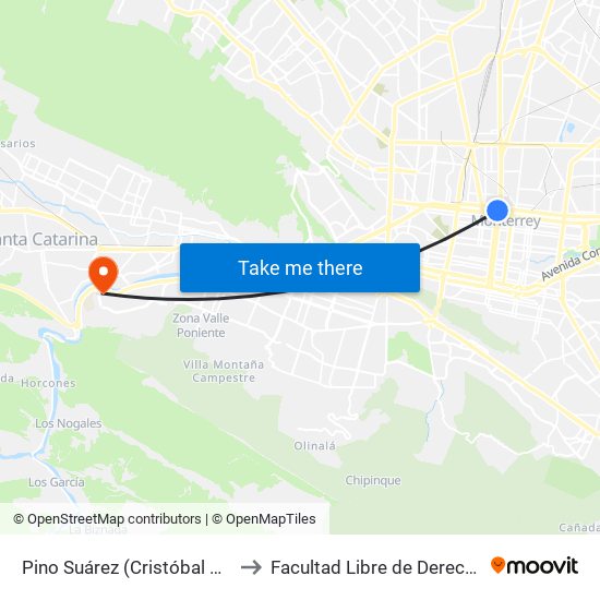 Pino Suárez (Cristóbal Colón - Reforma) to Facultad Libre de Derecho de Monterrey map