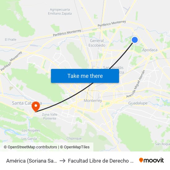 América (Soriana Santa Rosa) to Facultad Libre de Derecho de Monterrey map