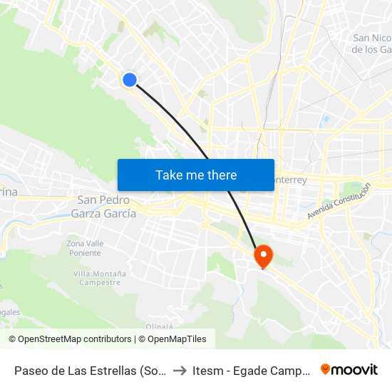 Paseo de Las Estrellas (Soriana Cumbres) to Itesm - Egade Campus Monterrey map