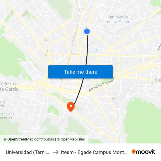 Universidad (Ternium) to Itesm - Egade Campus Monterrey map