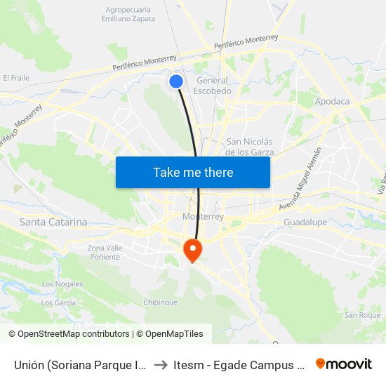 Unión (Soriana Parque Industrial) to Itesm - Egade Campus Monterrey map