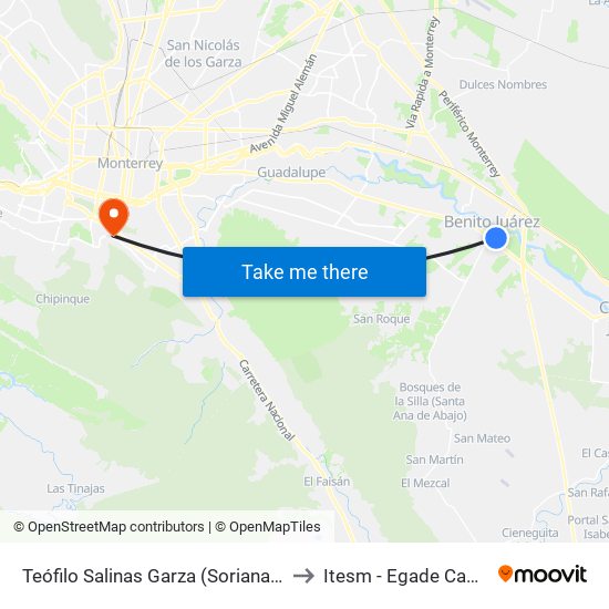 Teófilo Salinas Garza (Soriana Glorieta Benito Juárez) to Itesm - Egade Campus Monterrey map