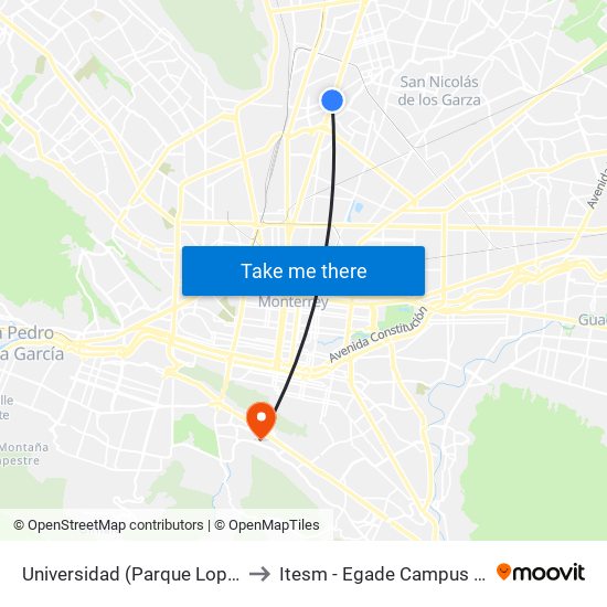 Universidad (Parque Lope de Vega) to Itesm - Egade Campus Monterrey map