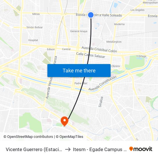 Vicente Guerrero (Estación Asarco) to Itesm - Egade Campus Monterrey map