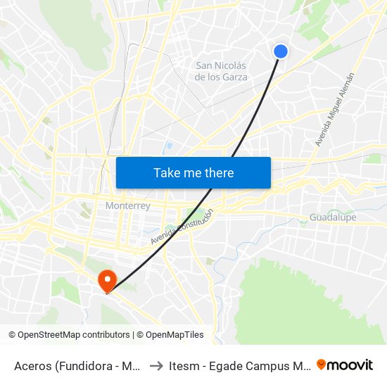 Aceros (Fundidora - Maderera) to Itesm - Egade Campus Monterrey map