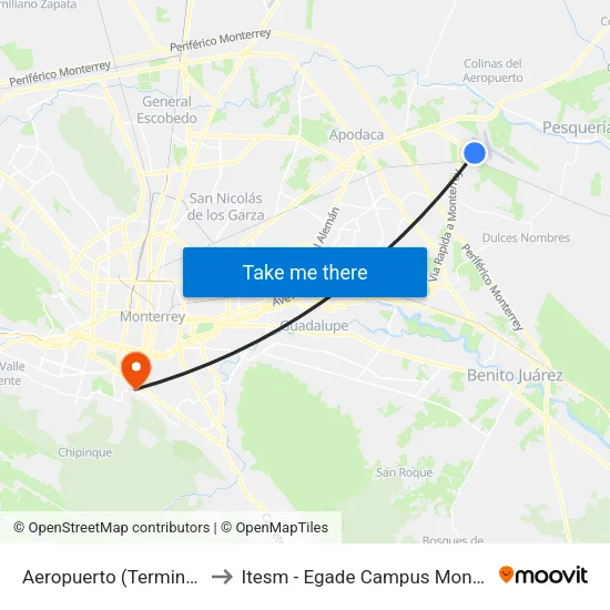 Aeropuerto (Terminal A) to Itesm - Egade Campus Monterrey map