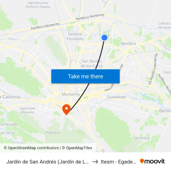 Jardín de San Andrés (Jardín de Los Framboyanes - Jardín de Los Geranios) to Itesm - Egade Campus Monterrey map