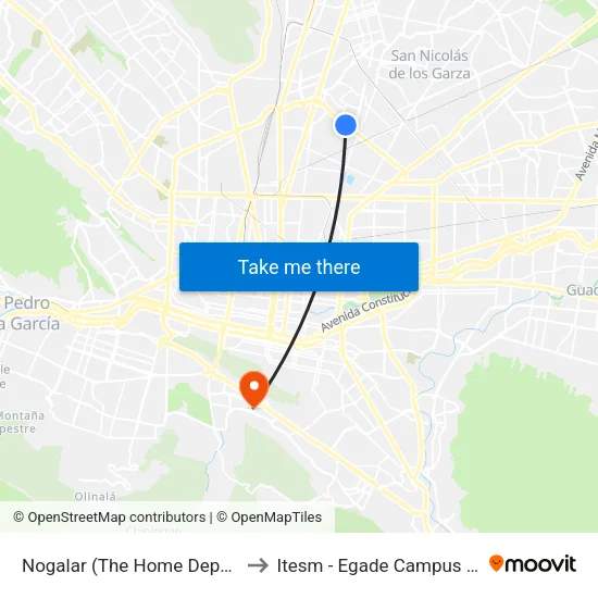 Nogalar (The Home Depot Nogalar) to Itesm - Egade Campus Monterrey map