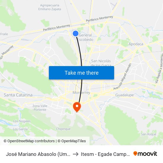 José Mariano Abasolo (Umara Residencial) to Itesm - Egade Campus Monterrey map