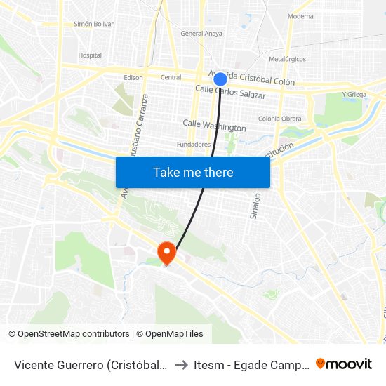 Vicente Guerrero (Cristóbal Colón - Reforma) to Itesm - Egade Campus Monterrey map